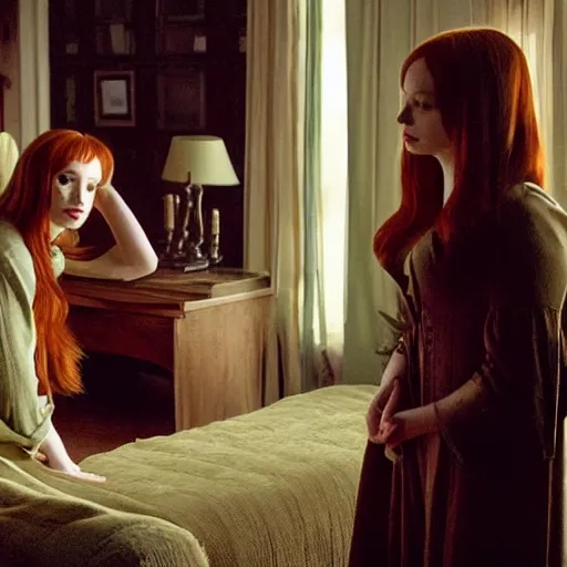 Image similar to a very surprised beautiful Christina Hendricks and her twin sister in the living room, film still from the movie directed by Denis Villeneuve with art direction by Salvador Dalí, wide lens