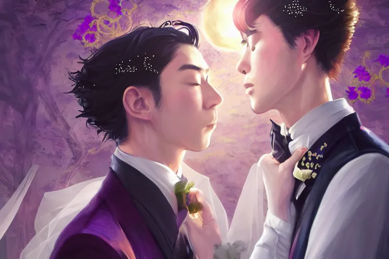 Image similar to a cinematic portrait of wedding photograph jpeg close up moment of a divine a japan sun god and moon goddess lovers magician at a wedding banquet. portraiture. digital painting. artstation. concept art. fantasy wedding photo. digital painting, 8 k realistic, hyper detailed, violet evergarden art masterpiece by art by krenz cushart