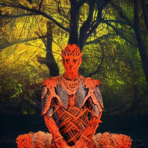 Image similar to warrior, wearing stone wood vines led diode armor, sitting in lotus position by tall tree with red and orange autumn leaves, meditation, highly detailed, dramatic lighting, night time, cinematic, sci - fi, hyperrealistic, detailed