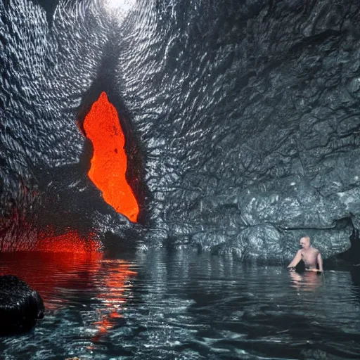 Image similar to head of neco - ark emerges from a lava lake, cave background, high detail, lava reflections, cave reflecting in the lava lake, dramatic shot