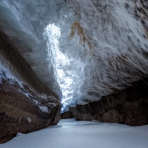 Image similar to narrow ice cave with low ceiling and narrow rough river running through it, surreal,