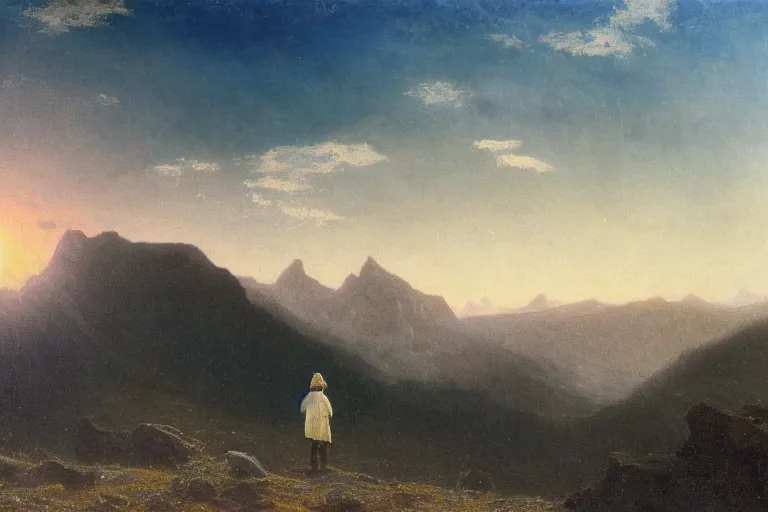 Prompt: a traveler wandering trough the mountains looking at the clouds, hyperdetailed, focused, oil painting, cinematic lighting, albert bierstadt, trending on artstation, colorful, canvas, sunset, centered, hans dahl, theodor kittelsen, hermann hendrich, national geographic, Konstantin Yakovlevich Kryzhitsky, beautiful nature, breathtaking, nordic, white tunic