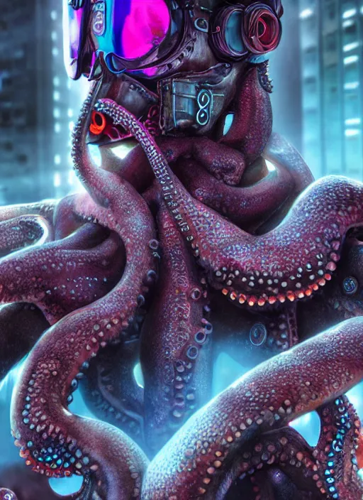 Image similar to hyperrealism, detailed textures, photorealistic 3 d cyberpunk octopus queen in apocalyptic city, futuristic clothing and helmet, neon colors, ultra realistic, cinematic, intricate, low light, unreal engine 8 k