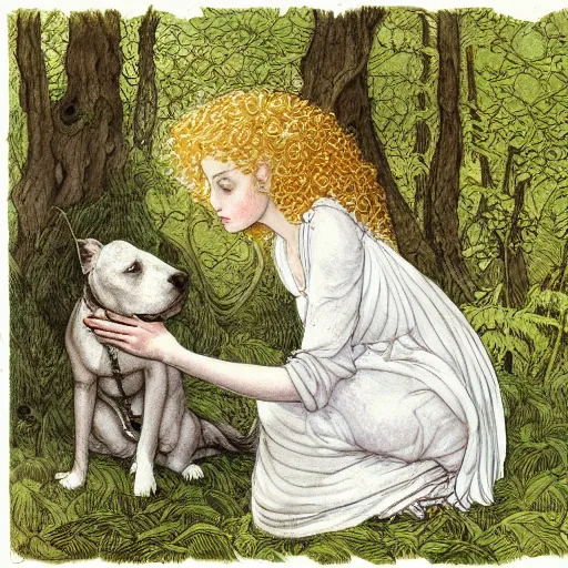 Prompt: girl with curly blonde hair sits in a forest with a white pitbull next to her, highly detailed, painting by rebecca guay