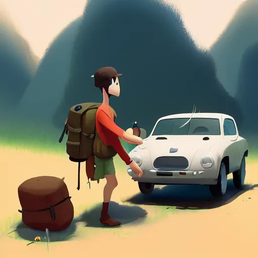 Image similar to goro fujita ilustration ilustration hiker unloading the car before camping, characterized by kuroda seiki, character art, focus, highly detailed, artstation