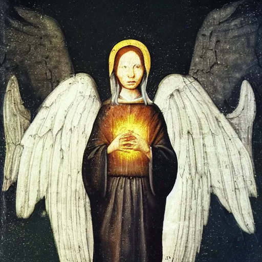 Image similar to realistic medieval painting portrait of white angel with clean narrow face like noface, 3 / 4, miracle light coming up from the head up and up, misty space, grace and blessing, sfumato effect by hieronymus bosch, by leonardo da vinci, renaissance, christianity, glow effect, white background