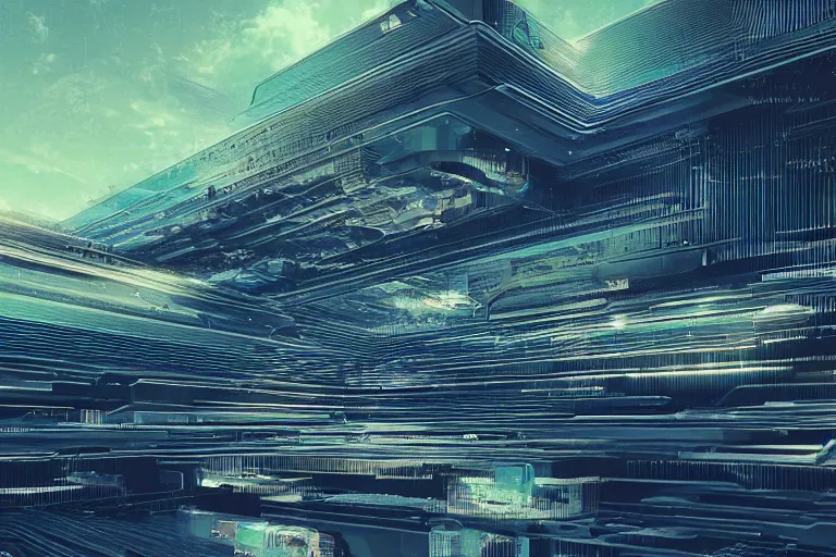 Image similar to soft clean chrome geometric landscape, cyberpunk, cinematic, retrofuturism, sci - fi, hyper realism, vaporwave aesthetic, extremely detailed, intricate, pixel sorting, glitch art, digital art