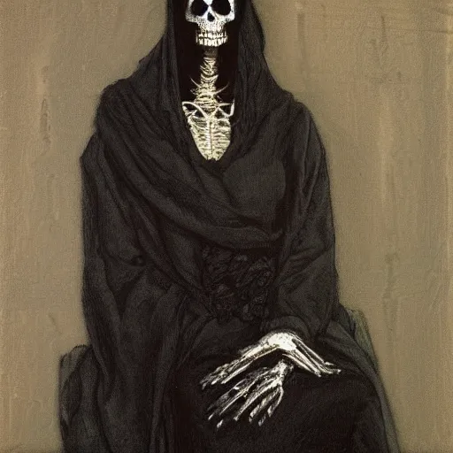 Image similar to portrait of death with hand extended, extreme hand detail, deep black robe, skeleton hand, by Maurice Sendak and Ilya Repin, artstation