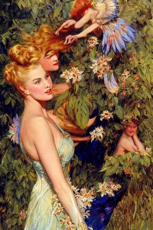 Image similar to Grace Kelly explaining the birds and the bees in the style of Gaston Bussière, art nouveau, art deco