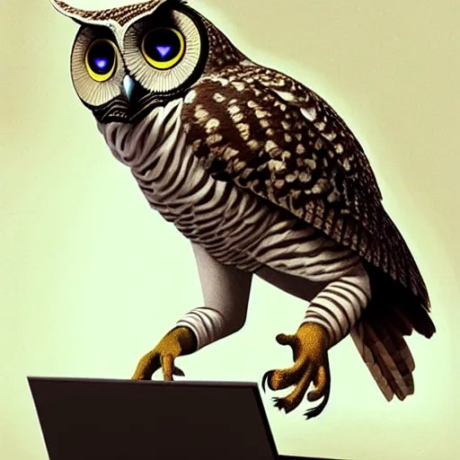 Image similar to a wise owl reviewing texts in a computer, art by greg rutkowski, intricate, elegant, highly detailed, smooth, sharp focus, artstation