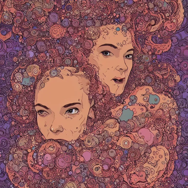 Prompt: portrait of a woman with swirling hair and fractal skin by geof darrow, retrofuturism, psychedelic art reimagined by industrial light and magic