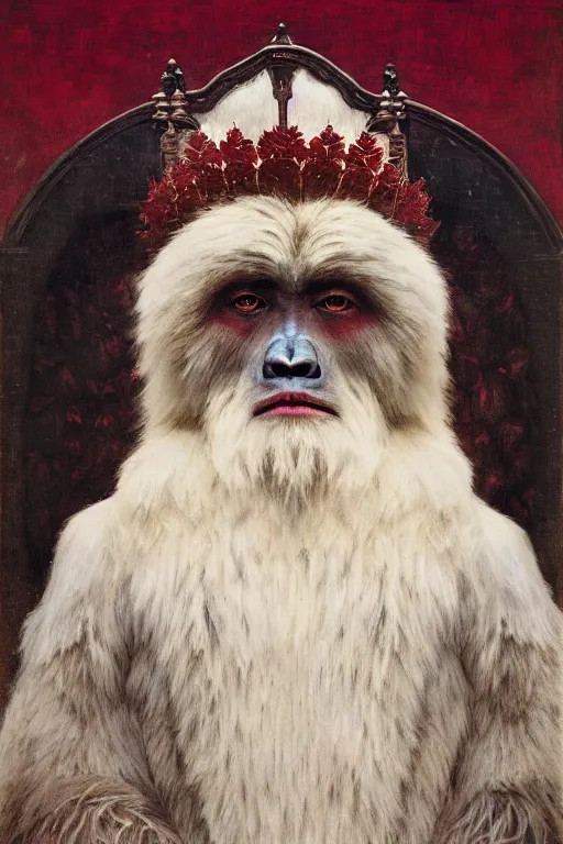 Prompt: portrait of yeti sitting on a throne. face is highly detailed. intricate. splices of red are running down his toga. close shot. dark background. soft light. imagined by jeremy lipking and alphonse mucha