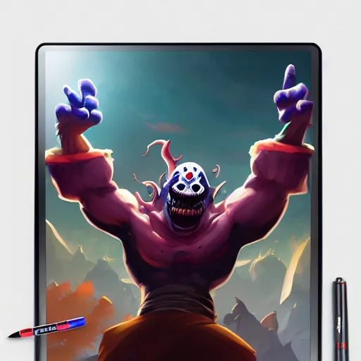 Image similar to Dark Evil clown emerging of a drawing tablet design Video game icon, 2d game artbehance hd by Jesper Ejsing, by RHADS, Makoto Shinkai and Lois van baarle, ilya kuvshinov, rossdraws global illumination