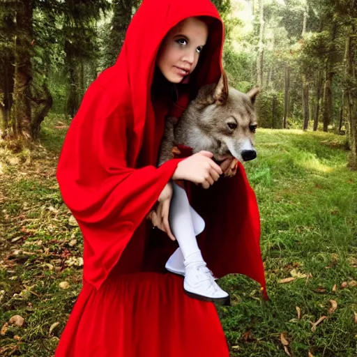 Prompt: little red riding hood riding the big bad wolf