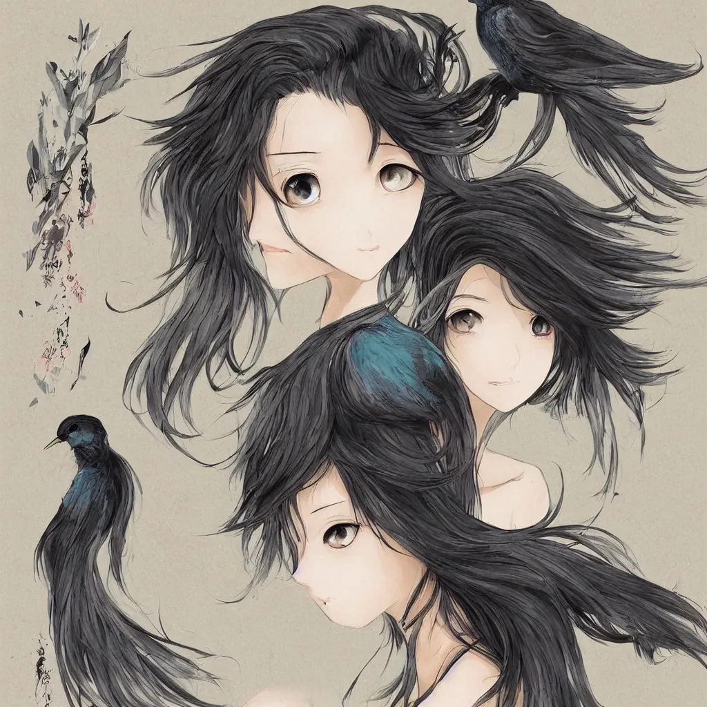 Image similar to natural hair on a bird, art station, anime