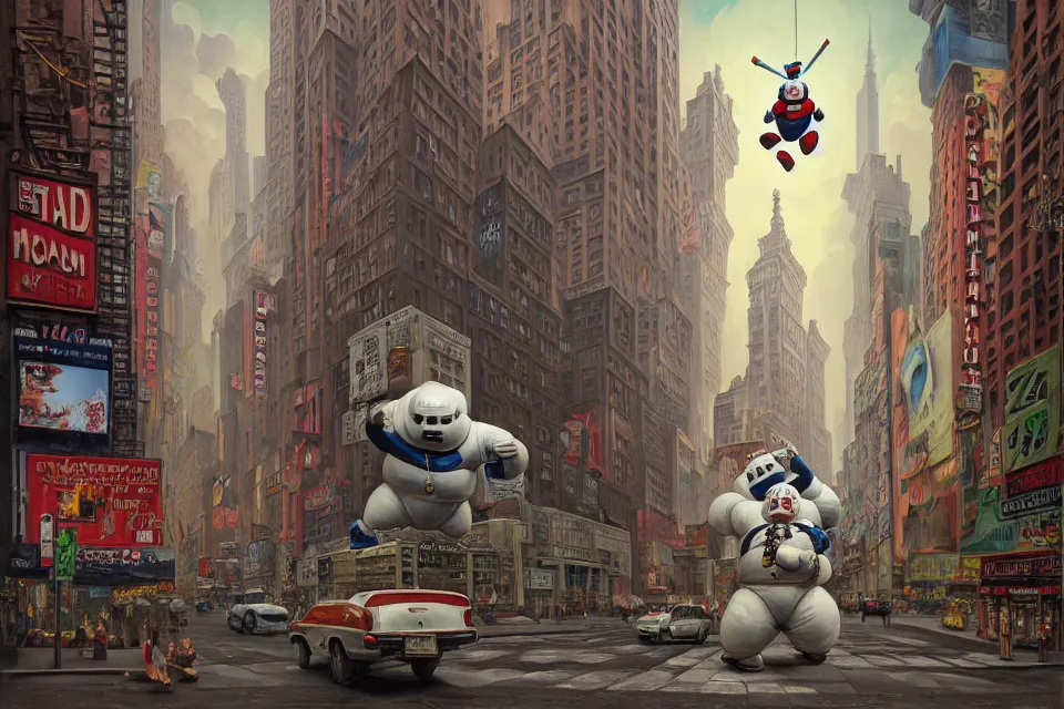 Image similar to hyper detailed 3d render like a Oil painting - the stay-puft marshmellow man facing off against king kong on the streets of new york, by Jacek Yerka, Mariusz Lewandowski, Houdini algorithmic generative render, Abstract brush strokes, Masterpiece, Edward Hopper and James Gilleard, Zdzislaw Beksinski, Mark Ryden, Wolfgang Lettl, hints of Yayoi Kasuma, octane render, 8k