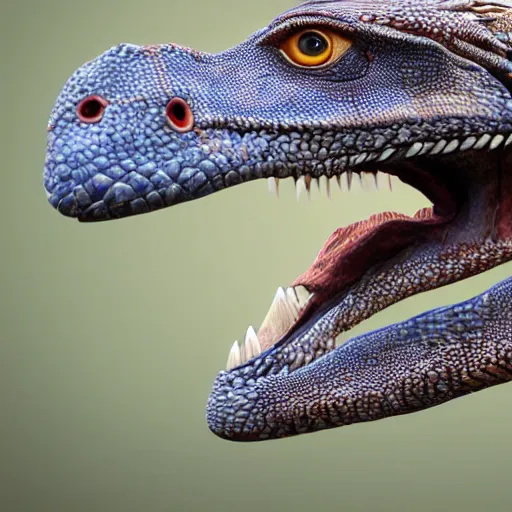 Image similar to a high detail shot of a velociraptor with goanna skin 8k