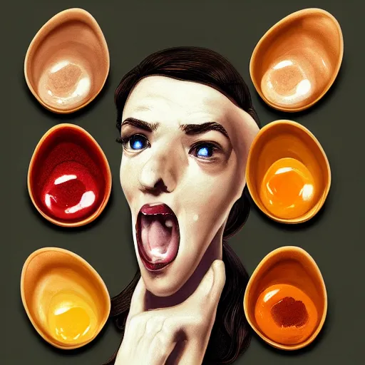 Image similar to portrait of a conundrum, eggs on canvas, condiments trending on artstation