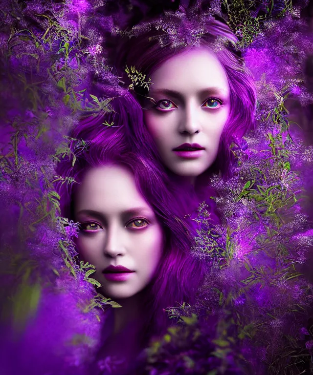 Image similar to ultra detailed, magical realism, portrait painting, of the beautiful empress within the enchanted purple forest, glowing purple, volumetric lighting, depth of field, illusion, intricate details, by peter coulson