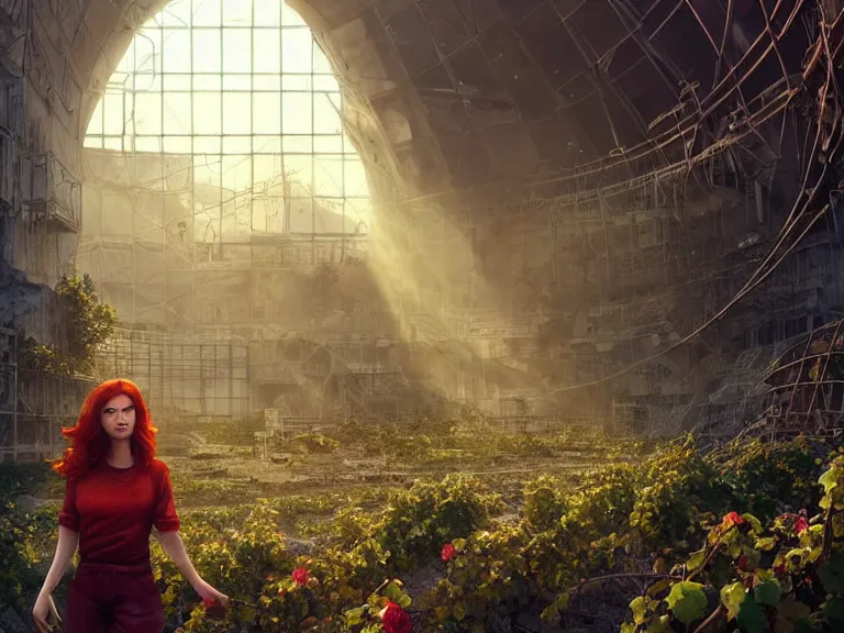 Image similar to red hair girl, chernobyl powerplant!!!, rubble, ruins!!, flowers, vines, hyperrealistic, highly detailed, cinematic, single ray of golden sunlight, beautiful, cgssociety, artstation, 8 k, oil painting by greg rutkowski, by artgerm, by wlop