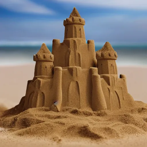 Prompt: photo of sand castle being surrounded by water on the beach, photo realistic