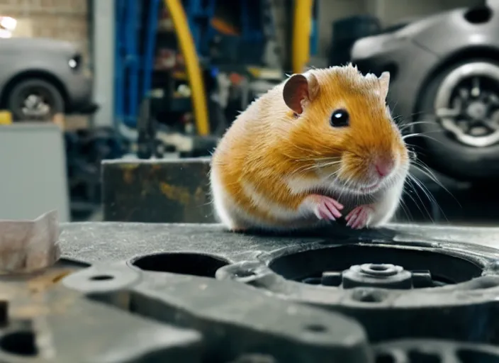 Image similar to film still of a hamster working as a mechanic in an auto shop, 8 k