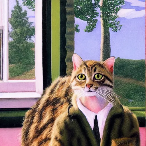 Prompt: fuzzy furry ears Portrait of Man camouflaged as Tabby Cat whilst wearing a pink tuxedo Standing atop a Garbage Truck Eric Ravilious Edward Hopper Newell Convers Wyeth Andrew Wyeth Jamie Wyeth