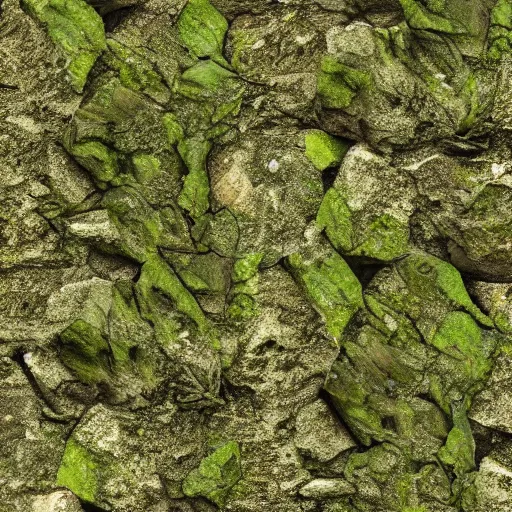 Prompt: 4 k seamless moss covered stone texture, worn, stylized, high quality pbr material