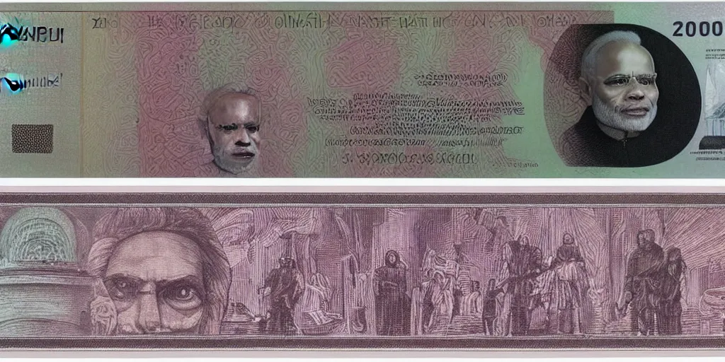 Prompt: 2000 rupees currency note with Narendra Modi's face on it, by H R Giger and Zdzisław Beksiński, the note also has a nano chip, pink,