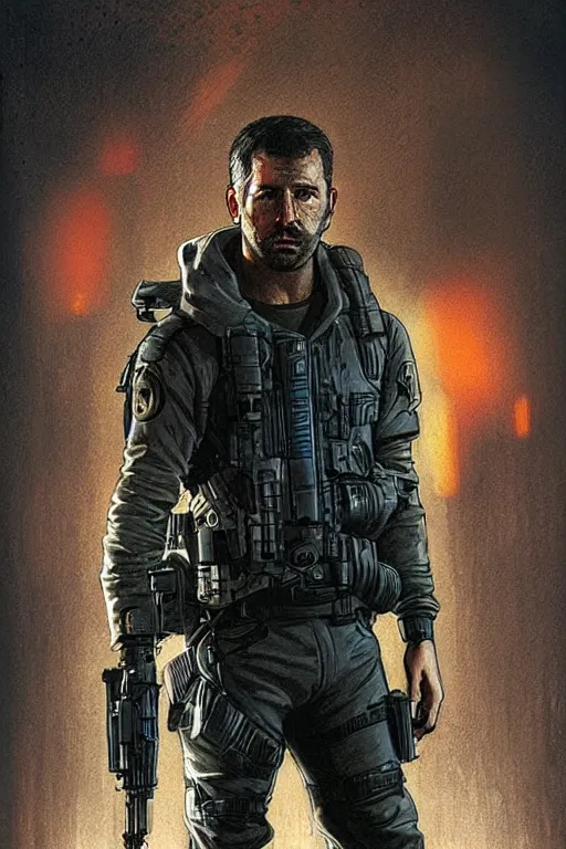 Image similar to Javier. smug blackops mercenary in tactical gear and cyberpunk headset. Blade Runner 2049. concept art by James Gurney and Mœbius.