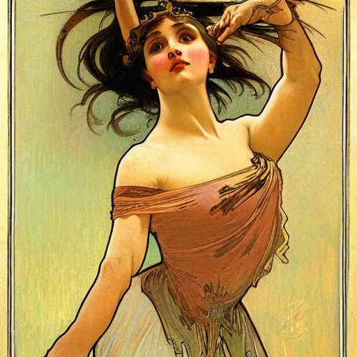 Image similar to ballerina, painted by alphonse mucha