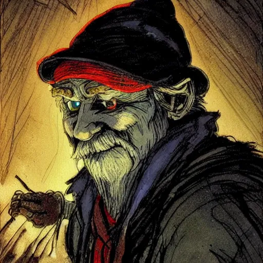 Image similar to an angry, grimy, dirty, grumpy [ old ], miner elf ( with red hat and a glowing latern ) in a pitch black mine, looks into the camera. angry kubrick stare, low key lighting, high contrast, faux painting, fairy tale illustration, character concept art by ivan bilibin, gustave dore and marc simonetti