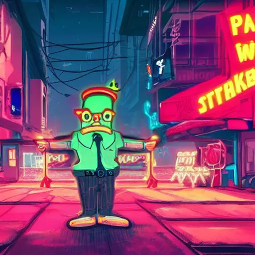 Image similar to patrick star with a pistol in a cyberpunk city, gangster, dark, neon lights, streets