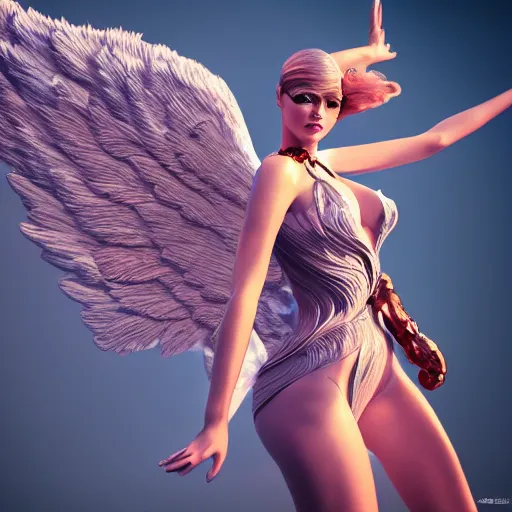 Image similar to fantasy angel with wings inspired avant - garde art, deco fashion, highly detailed, photorealistic portrait, bright studio setting, studio lighting, crisp quality and light reflections, unreal engine 5 quality render