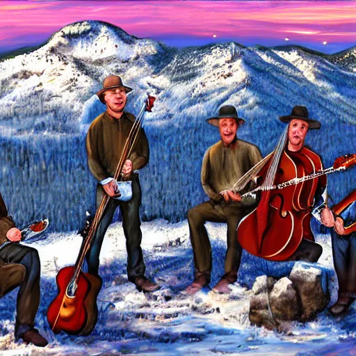 Prompt: bluegrass band on a blizzard mountaintop, digital art