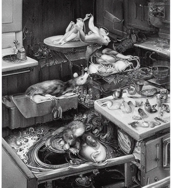 Image similar to black and white photo of a beauty woman puts a big rat in the oven 90s by Laurie Lipton, high detailed, realistic,dark surrealism, hyper detailed