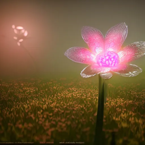 Image similar to Luminescent flower blooming at twilight, cgsociety, r /art, trending on artstation, artstationHD, octane render, highly detailed, vray, volumetric lighting, unreal engine