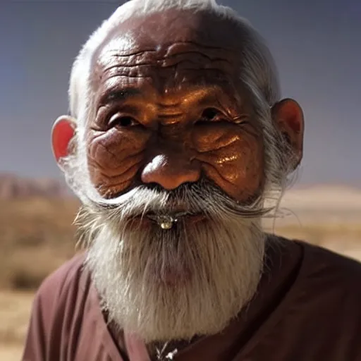 Image similar to floating old asian man with beard, his head covered in jewels, full face occult silver mask, glowing eyes, wearing a large carved wooden stick, smoke around him, in the dry rock desert, cinematic shot, wide angle, desert background, multiple eyes by Denis Villeneuve, Lubezki, Gaspar Noe and Christopher Doyle, Alejandro Jodorowsky, anamorphic lens, anamorphic lens flares, kodakchrome, cinematic composition, practical effects, award winning photo, 8k