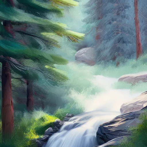 Image similar to mountain valley dotted with pine trees with a stream flowing through it, by joar jakobsson, detailed digital painting, concept art, brushstrokes, elegant, calming, serene, 8 k
