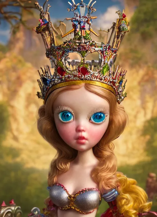 Image similar to highly detailed closeup, face profile portrait of a tin toy fairytale princess wearing a crown, bikini, unreal engine, nicoletta ceccoli, mark ryden, earl norem, lostfish, global illumination, detailed and intricate environment
