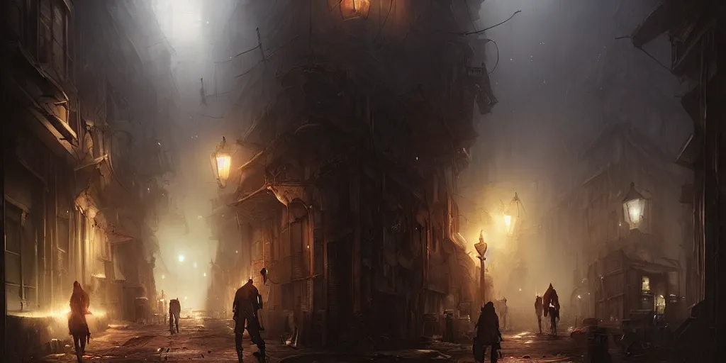 Prompt: dark town street by bastien lecouffe - deharme and charles bowater, greg rutkowski, adventure game, high camera angle, inspired by diablo concept art