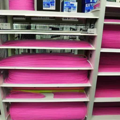 Prompt: spool of pink 3D printer filament for sale on a shelf at Home Depot