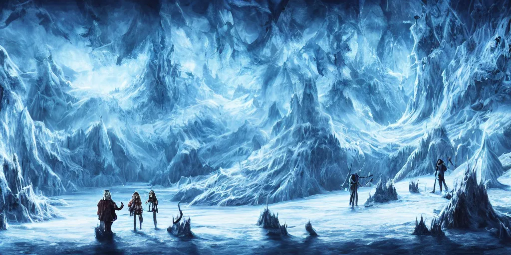 Image similar to a d & d background of a frozen lake with monsters beneath the ice, high quality digital art, gridless, vivid, blue tones, oil painting, trending on arstation, oil painting