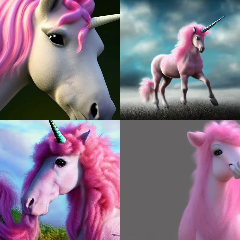 Prompt: fluffy pink unicorn digital art 8k hyperrealistic