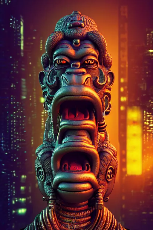 Image similar to high quality 3 d render post - rococo cyberpunk hanuman! head building, neon madhubani, open mouth, highly detailed, in sci - fi new delhi, cinematic smooth unreal engine, lee madgwick & liam wong, dramatic light, low angle, uhd 8 k, sharp focus