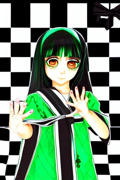 Image similar to mysterious girl child with her long black hair dressed in a chequered robe anime art style, big green diamond on her hand, digital art, hd, 4 k, hyper detailed