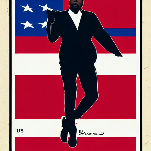 Image similar to Russian Propaganda Soviet illustrated poster of Kanye West as President standing in front of a USA America flag