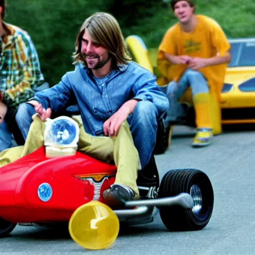 Prompt: Happy Kurt Cobain driving a go kart with his friends