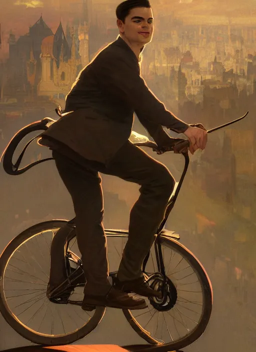 Image similar to Ben Shapiro riding a unicycle, Ben Shapiro face, sigma male, accurately portrayed, portrait art by alphonse mucha and greg rutkowski, highly detailed, digital painting, concept art, illustration, dim lighting with twilight rays of sunlight, trending on artstation, very detailed, smooth, sharp focus, octane render, close up