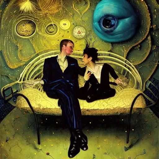 Prompt: two lovers wearing a suit made of nervous system, seated in a sofa, channeling third eye energy, surrounded by a background of dark cyber mystic garden of earthly delights, midnight hour, painted part by wojciech siudmak, part by ilya repin, part by norman rockwell, part by hype williams, artstation